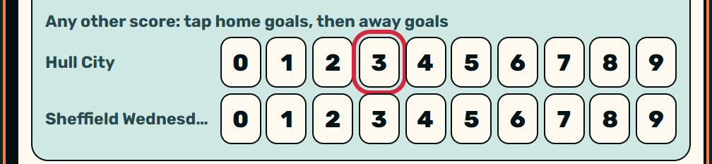 Zaebee screenshot: Other score? Tap home goals, then away goals.