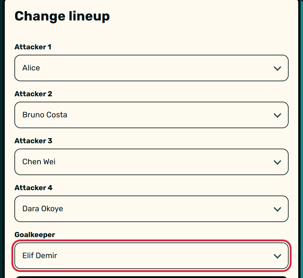 Zaebee screenshot: Captain: set the line-up. 4 attackers, 1 keeper.