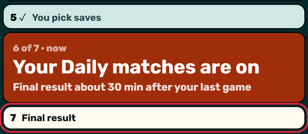 Zaebee screenshot: Final result about 30 minutes after your last game.