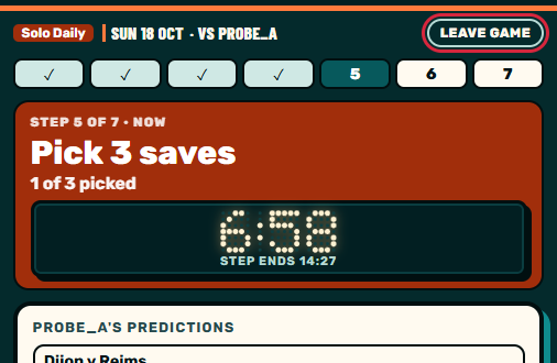 Zaebee screenshot: Then saves (2 min): each player saves up to 3 of their opponent's predictions (1 with two leagues).