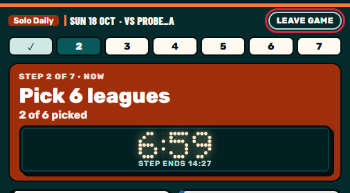Zaebee screenshot: Away picks the leagues shown for your game (2 min), then Home picks 2 games per league (3 min). Tap Done to accept the suggestion.