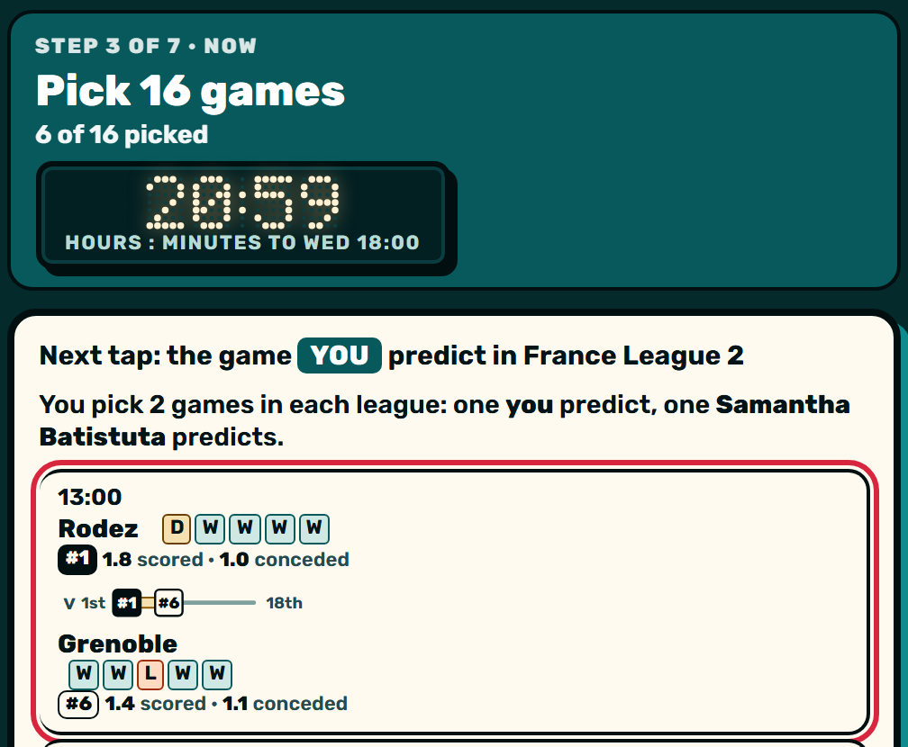 Zaebee screenshot: Wed: the home player chooses 8 game pairs.