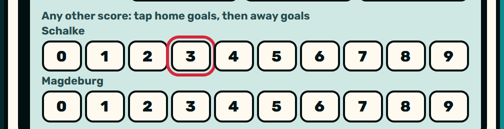 Zaebee screenshot: Other score? Tap home goals, then away goals.