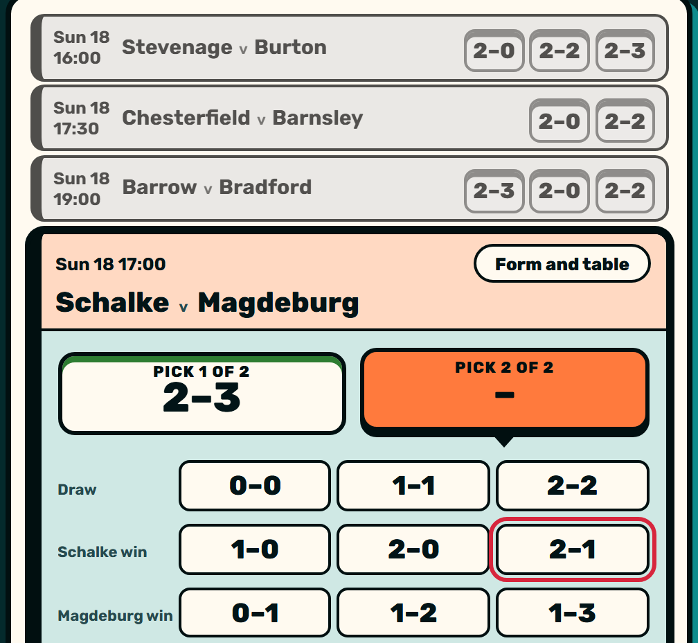 Zaebee screenshot: Thu: tap a game, then a score. 20 predictions, by 20:00.