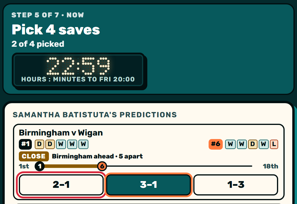Zaebee screenshot: Sat: pick 4 of their predictions to save, before 12:00.